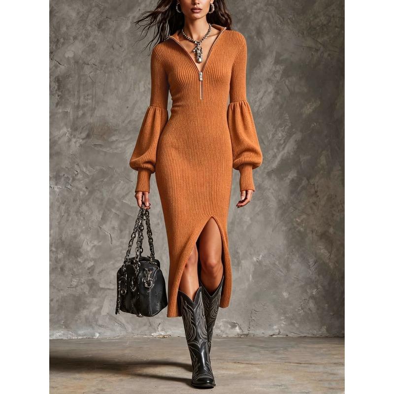 HNXC Women's Long Sleeve V-Neck Fashion Autumn Winter Casual Dresses Classic Exquisite