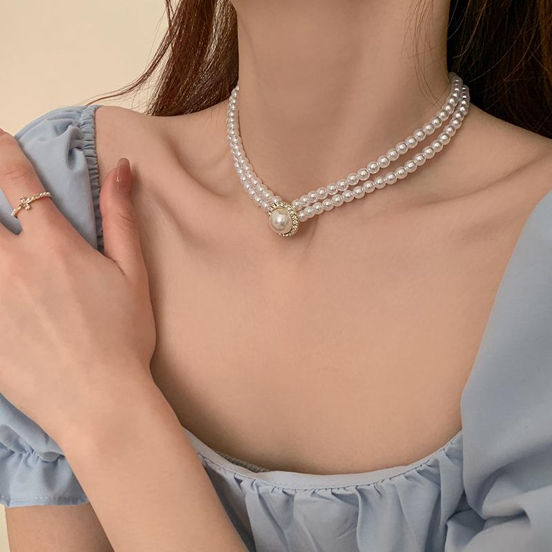 Two-layers Pearl Chokers for Women Luxury Crystal in Middle Double-layers Imitation Pearl Beads Wedding Neck Jewelry collar