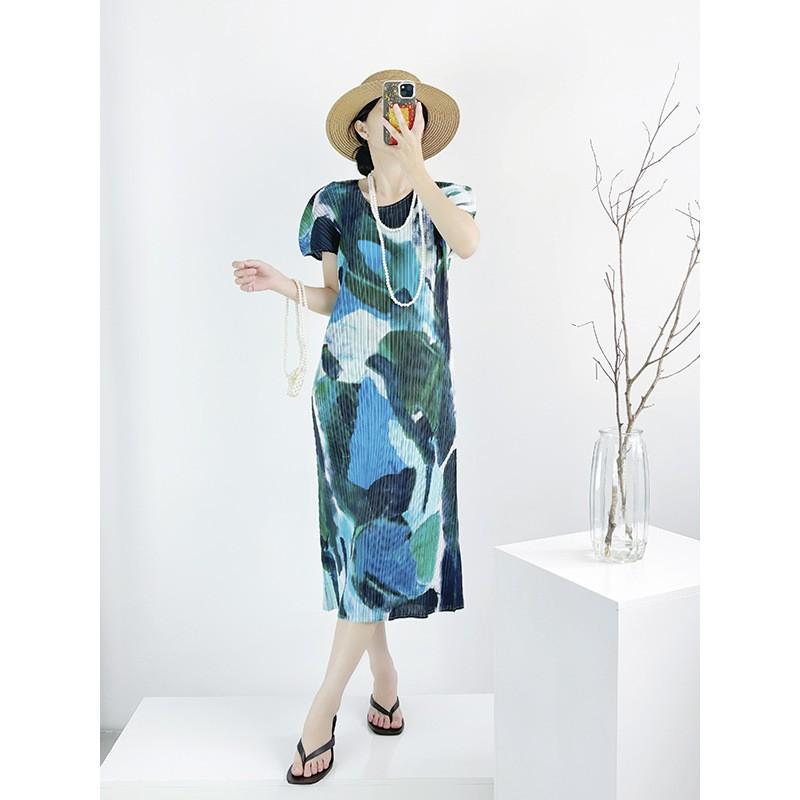 Womens Pleated Midi Dress With Abstract Watercolor Print Loose Fit 2025 Casual Plus Size Blue
