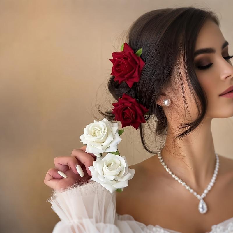4Pcs Rose Hair Clips Bridal Wedding Party Hair Accessories Women Elegant Floral Hair Ornaments Special Occasions Daily Styling