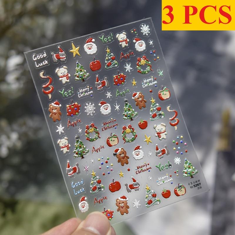 1/3pcs Christmas Nail Stickers Luxury Crystal Diamond Cartoon Tree Apple Back Glue Nail Art Stickers DIY 3D Nails Decorations