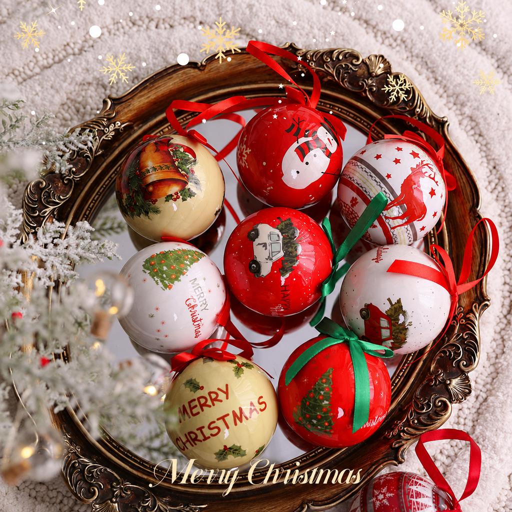 Christmas Tree Hanging 8cm Printed Christmas Ball Ornament Hanging Bauble With Ribbon Classic Christmas Themed 2027 New Year