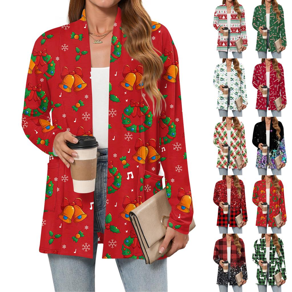 Women's Christmas Printed Lightweight Cardigan Long Sleeved Casual Loose Thin Fit With Pockets Cardigan Jacket