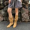 Fashion cowhide tall lazy stack boots autumn and winter new retro Maillard western knight boots women