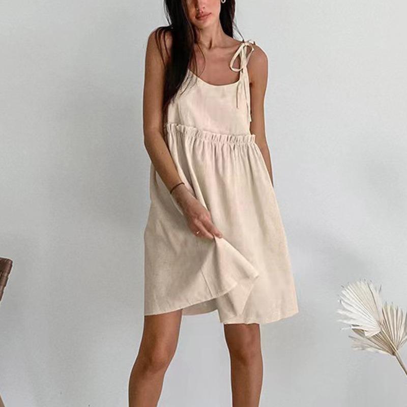 Ärmelloses Sommerkleid Locker A-Linie Mini Kurz Süße Mode Damen Spaghettiträger Partykleid Einfarbige Krawatte Rüsche Lässig Locker Falten Sommerkleid