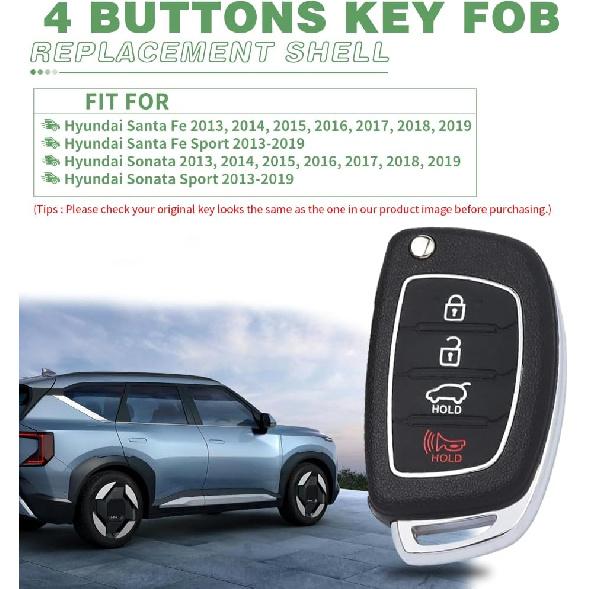 Key Fob Case for Hyundai Sonata Santa Fe Sport  2018 2017 2016 2015 2014 2013 4 Buttons Keyless Entry Remote Control Folding Flip Car Key Fob Cover