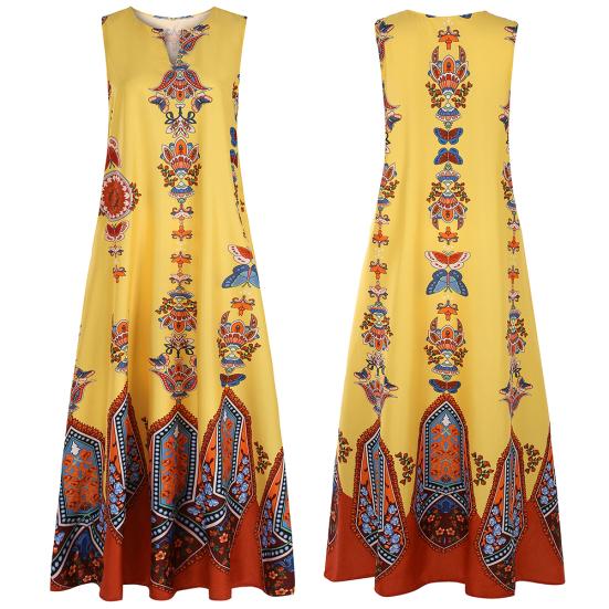 Plus Size?Bohemian Summer Beach Women Sleeveless V Neck Loose Kaftan Maxi Dress