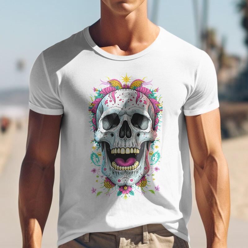 

Men s Plus Size T-shirt With Psychedelic Skull Floral White 100% Cotton Tee USA XL