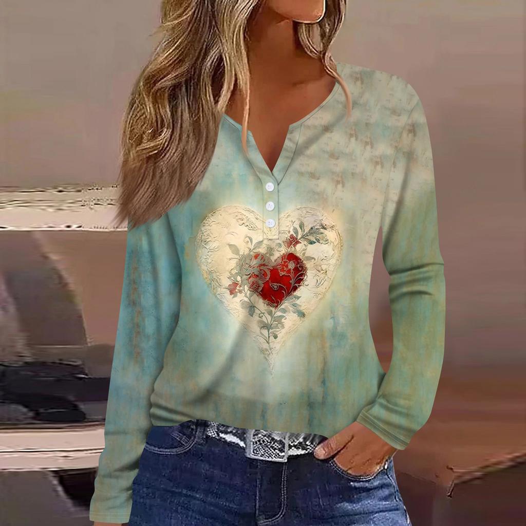 Damen T-Shirt mit V-Ausschnitt, lässig, Blumendruck, langärmelig, zum Zuknöpfen, langärmelig
