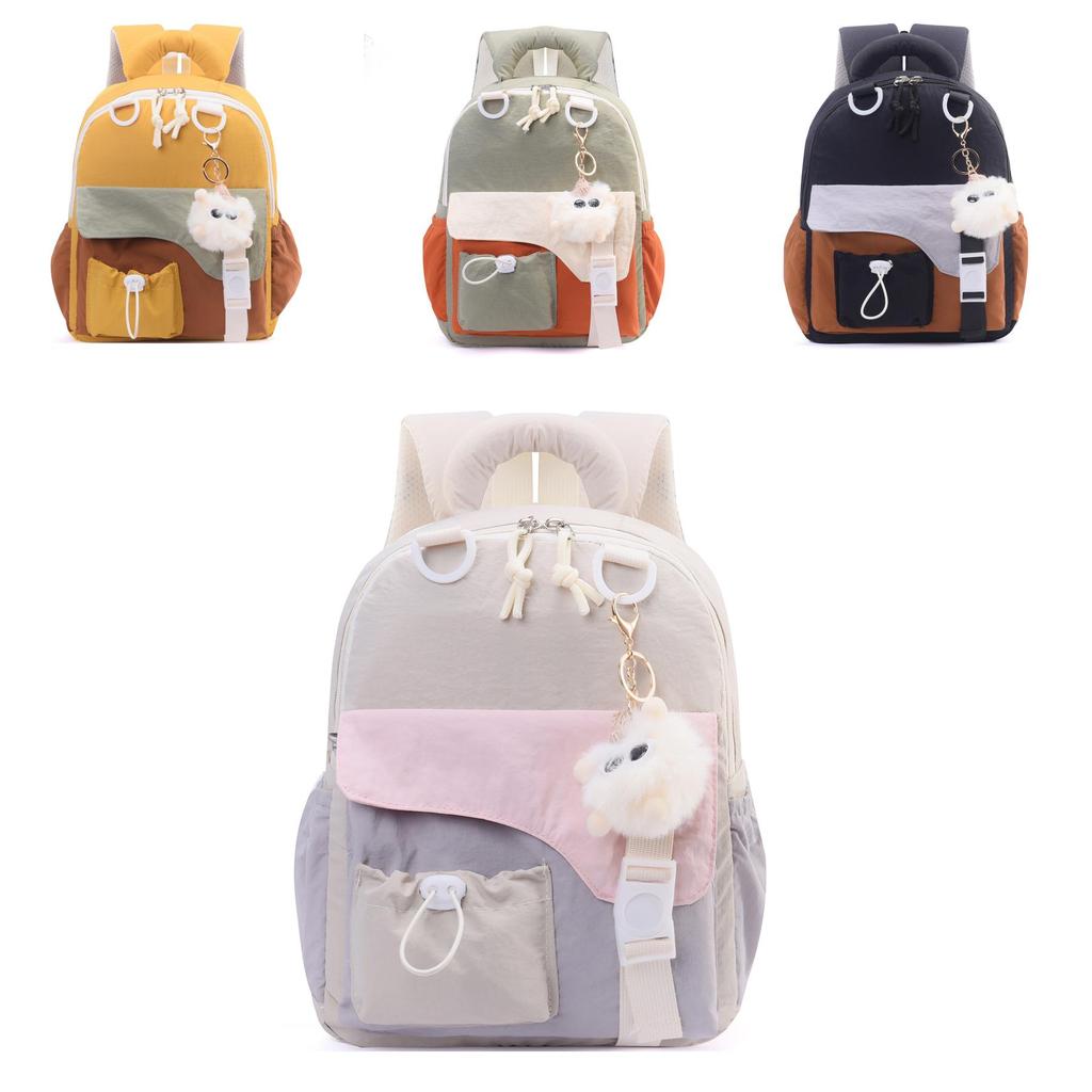 Childrens Color Blocked Backpack With Plush Pendant For Young Learners