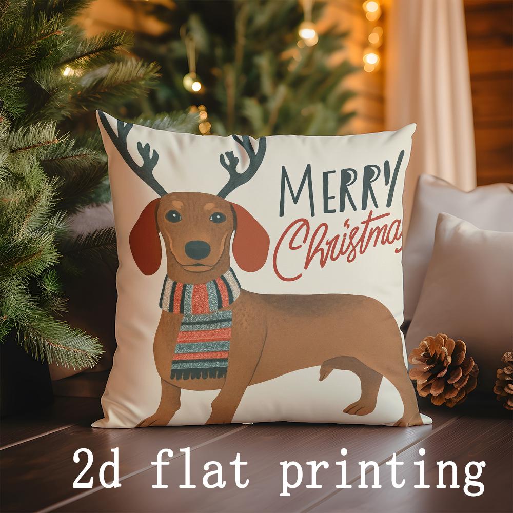 Short Plush Material Pillowcasehome Decor Merry Christmas Dachshund Pillow Covers Pattern Cushion Cover Suitable For Sofa Bedroo