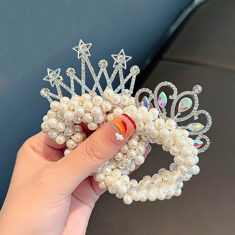 Baby Girls Fashion Pearl Crown Princess Hair Bands Elastic Rubber Bands Children Ball Hair Bun Ties Hair Styling Accessories