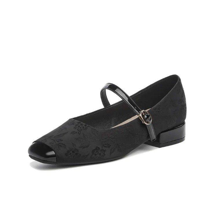

New Chinese Mary Jane women s shoes 2025 new spring and autumn satin square head thick heel ballet French light mouth single shoes 35 чёрный