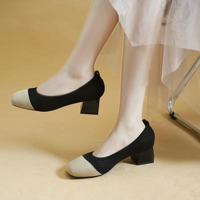 High Heels für Damen 2025 Neu Quadratische Zehenpartie Unifarben Allround-Pumps Slip-on Atmungsaktives Strickmaterial Damen Arbeitsschuhe