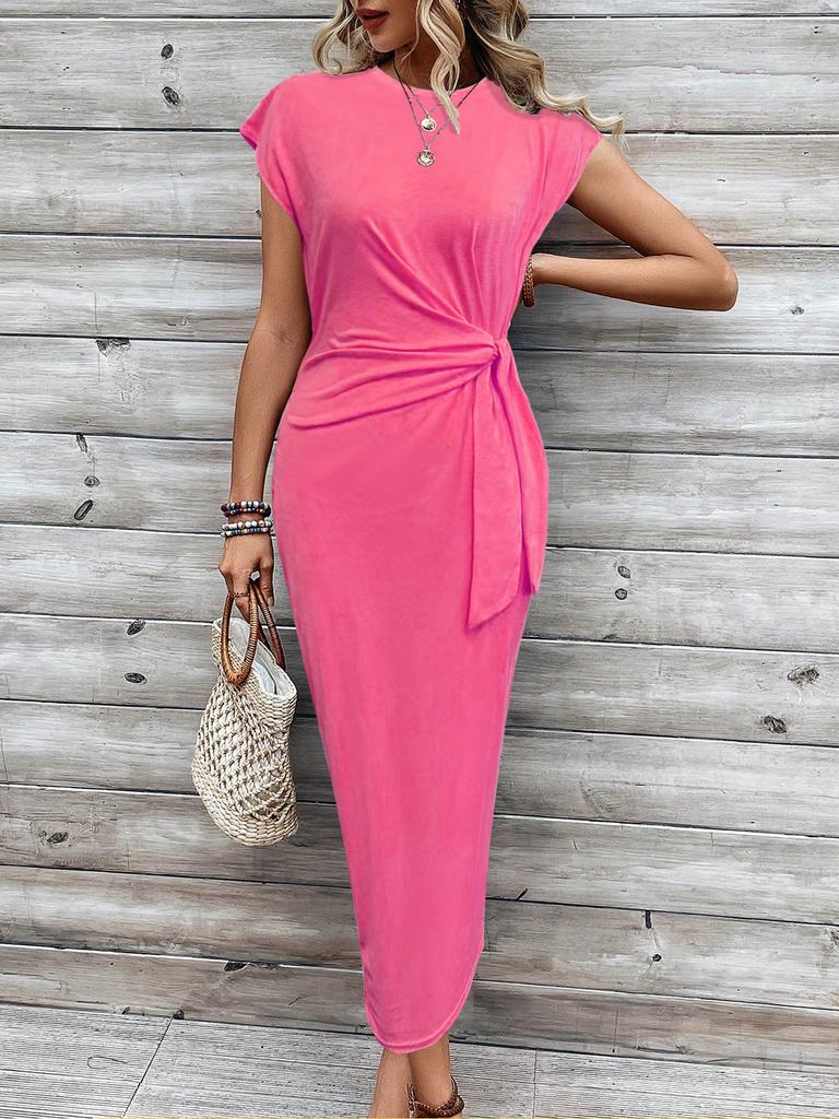 Sommer Damen Langer Rock O-Ausschnitt Kurzarm Gestreift Tailliert Mode Schlank-schlank Urlaub Party Freizeitkleid