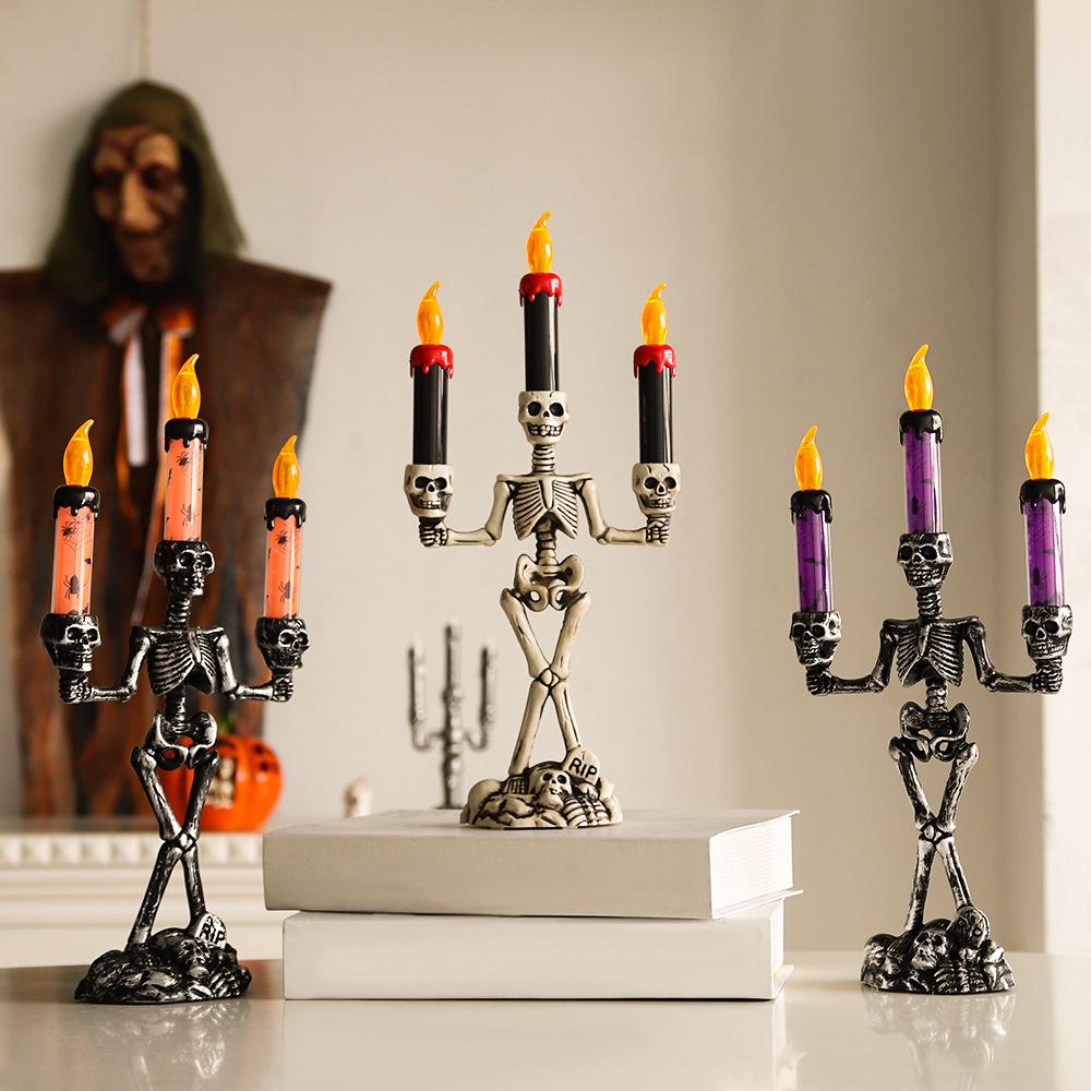 Halloween Decor Candles Battery Operated LED Skull Flickering Candles Spooky Halloween Candlesticks Light Home Decoration For