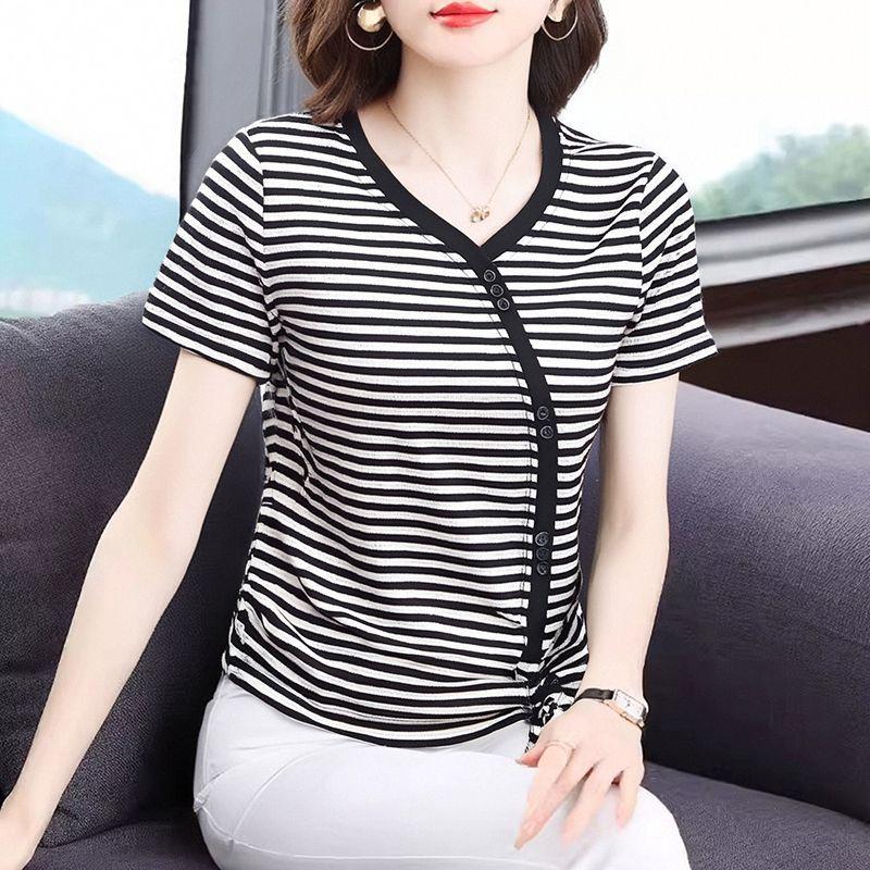 

Полосатая футболка с коротким рукавом и V-образным вырезом на кулиске, летняя женская новая повседневная блузка большого размера 5XL чёрный