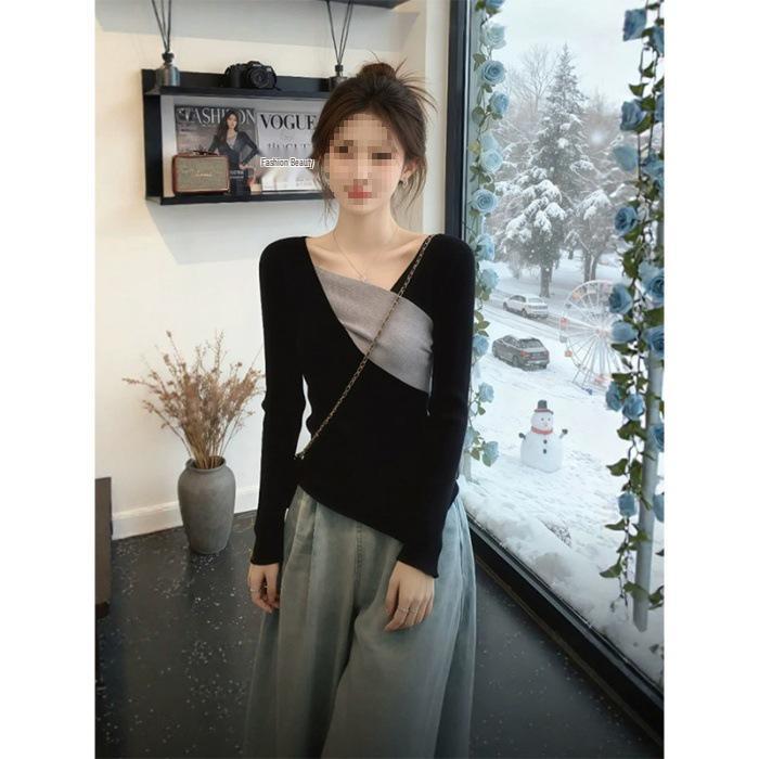 

Женская приталенная бархатная футболка с длинным рукавом, пэчворк, с нерегулярным цветовым блоком M (85-95 jin)