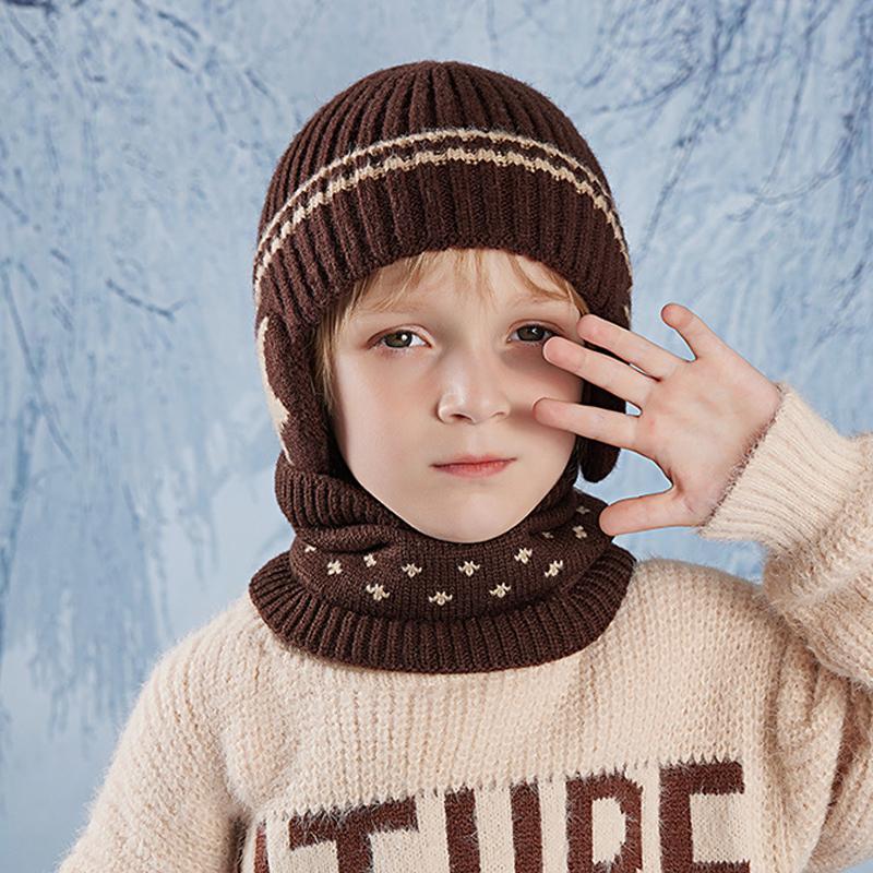 Children's Hat Scarf Suit Winter Velvet Warm Ear Protection Coldproof Knitted Wool Cap Boys Girls Pullover Cap
