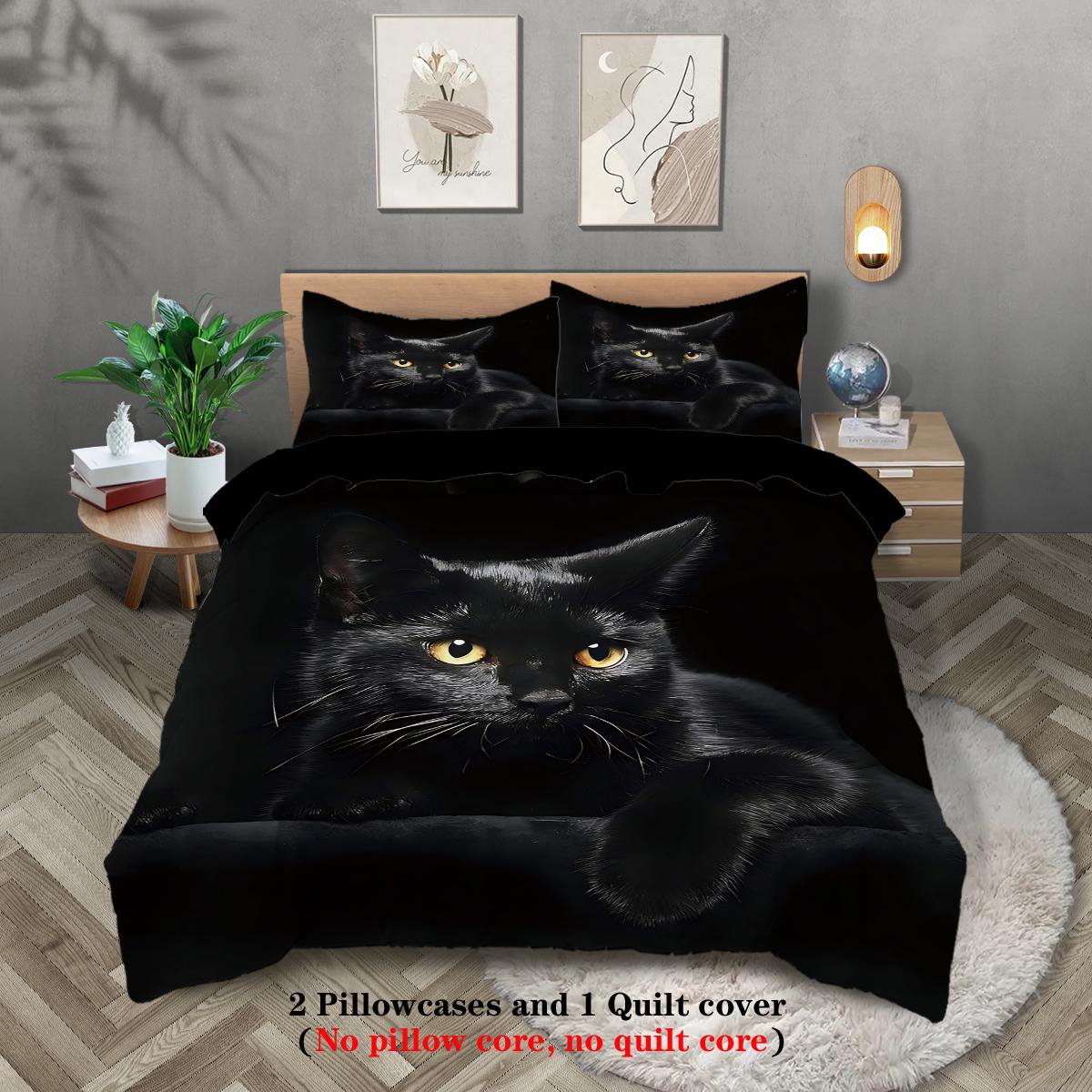 

Three-piece set (1 quilt cover + 2 pillowcases, coreless) cool black cat element print bedding set, multiple sizes 140x200cm