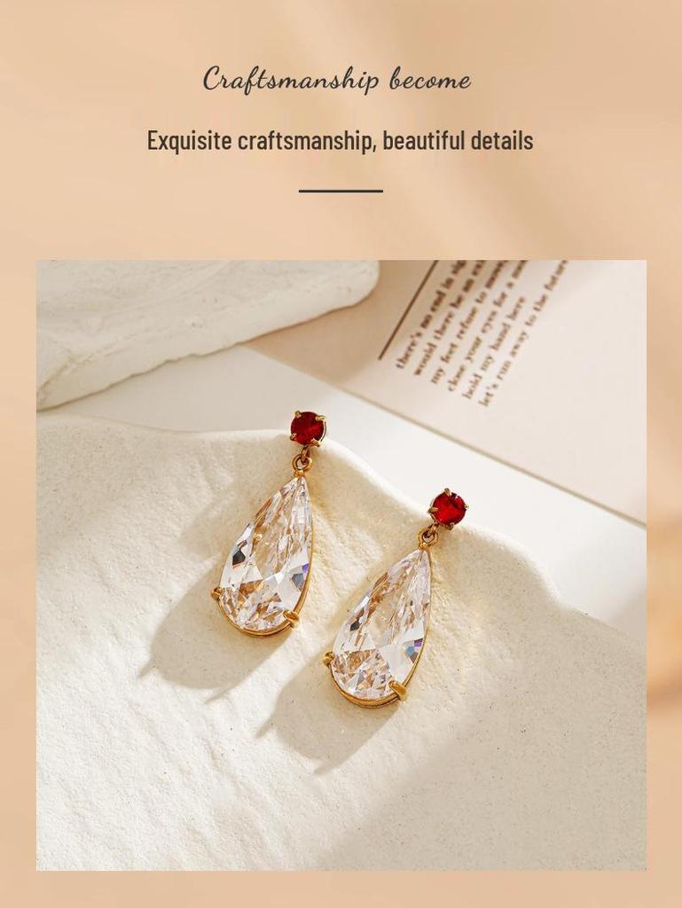 18K Gold Waterproof Zirconia Water Drop Earrings, European & American Style, Stainless Steel & Titanium, Women's Jewelry