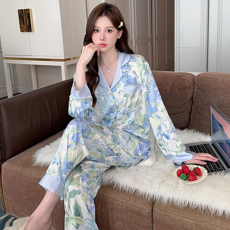 New Long-sleeved Large-size Printing Suit Internet Celebrity Summer Pajamas Women's Ice Silk Outer Loungewear