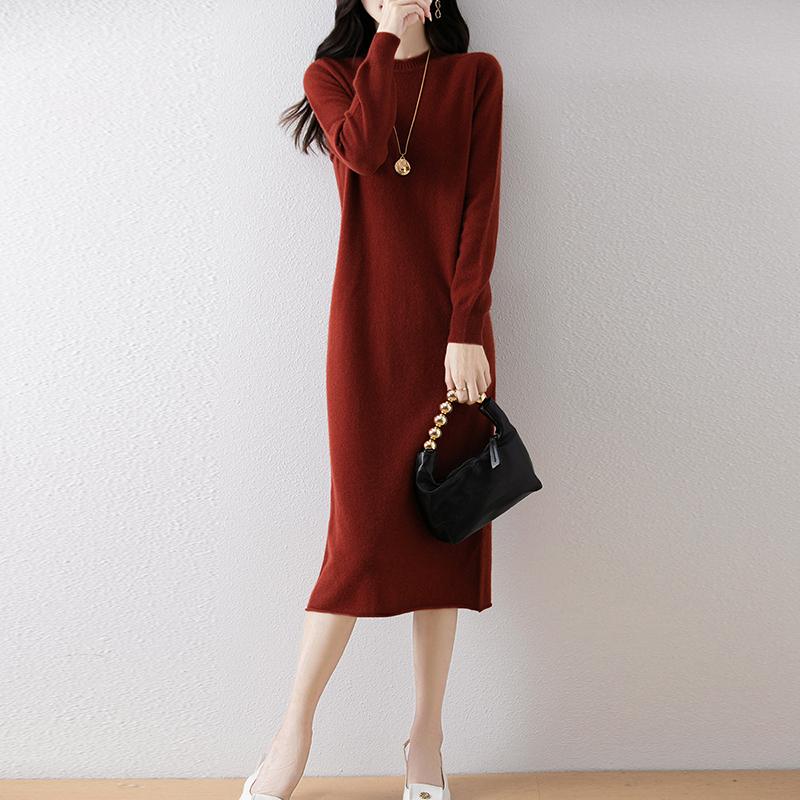 Damen Pulloverkleid 100% Wolle MODERN NEW SAGA O-Ausschnitt Strick Langer Pullover Winterpullover Wolle Langes Kleid Weiblich