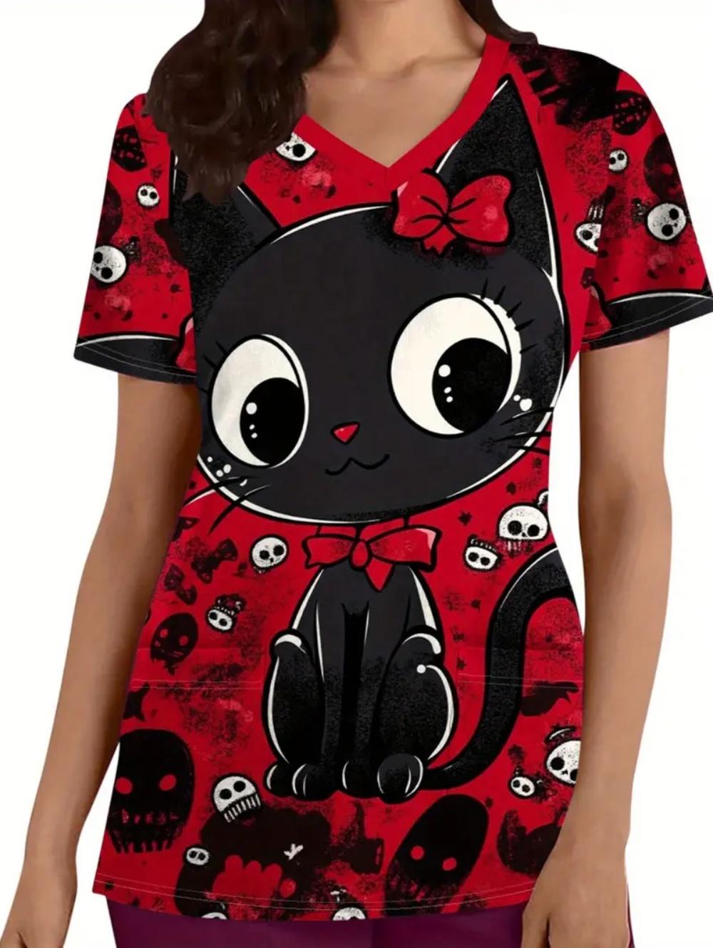 Хирургический костюм женский с милым принтом кошек, V-образным вырезом, коротким рукавом, топ медсестры, удобный с карманами, медицинская одежда XL