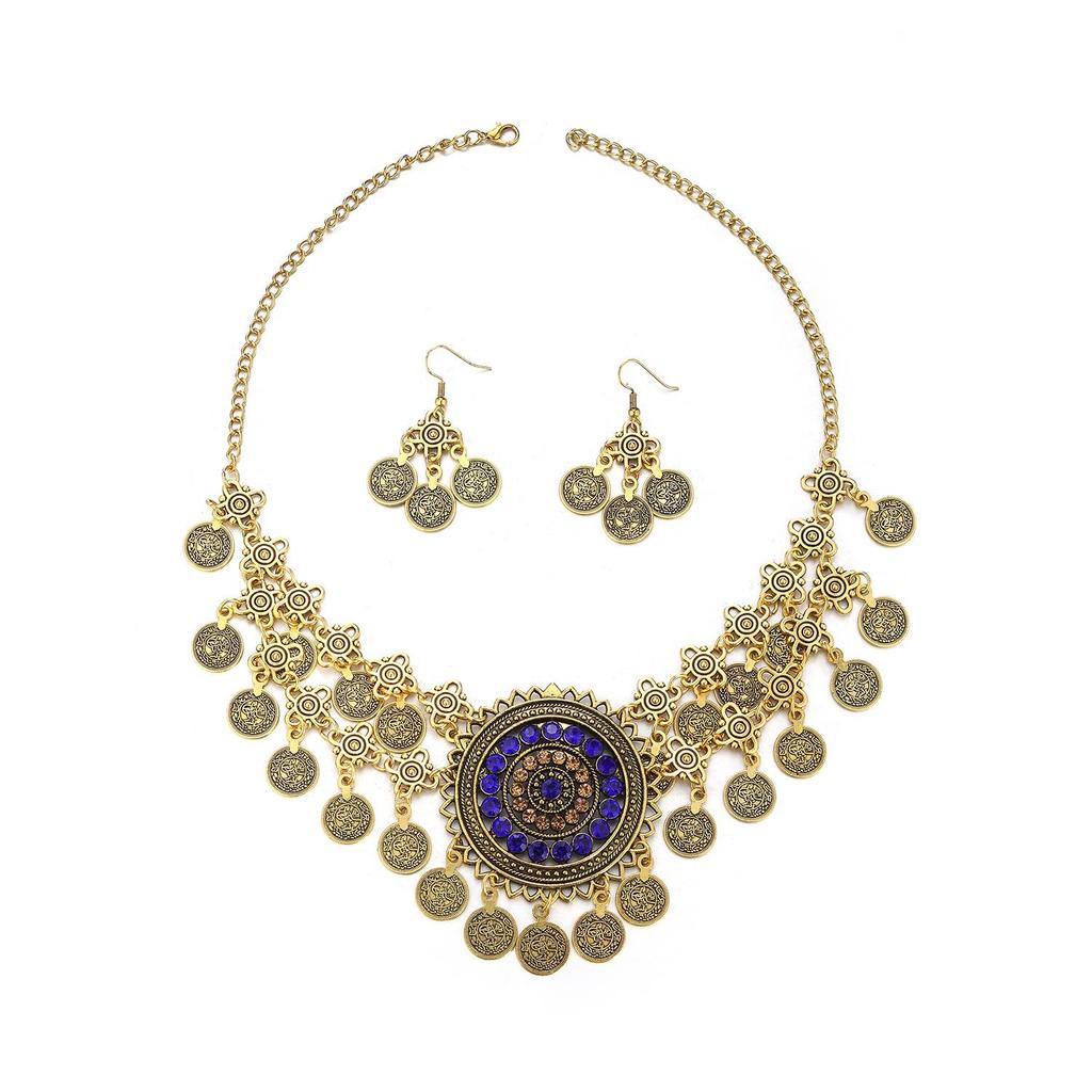 Bohemian Exotic Rhinestone Tassel Necklace & Earrings Set In Antiqued Alloy