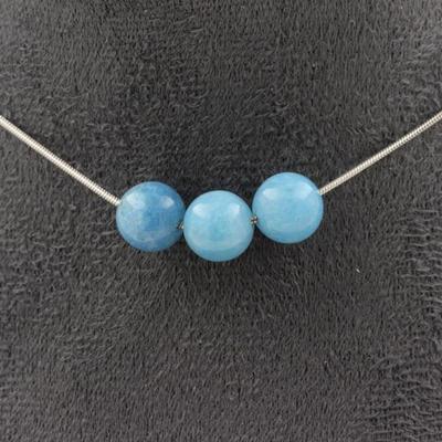 Stones and Minerals. 3-pearl Necklace, 8 Mm Blue Chalcedony. Stainless Steel Chain Necklace Women Men. Customizable Size