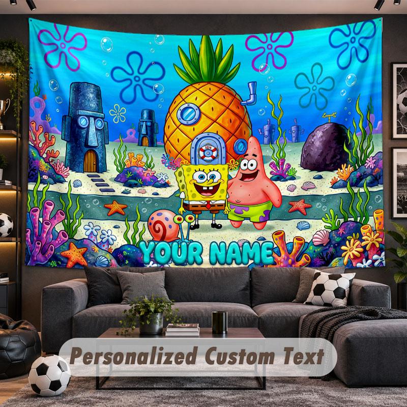 Wall Hanging Tapestry Custom NameSpongeBob Pattern Personalized Printed Fabric Wall Decor