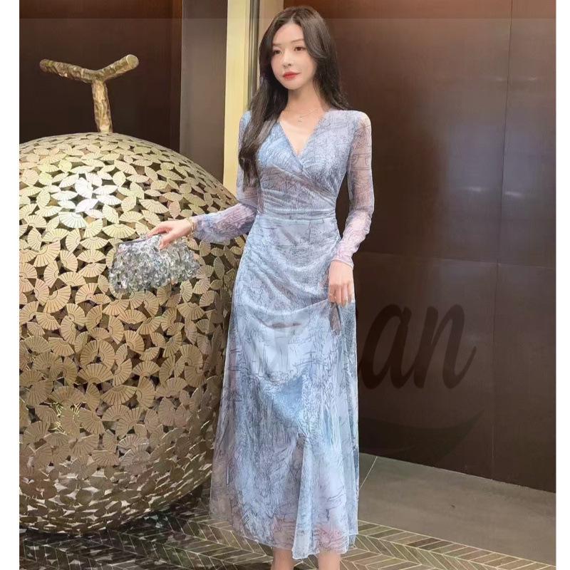 Elegant Deep V-Neck Mesh Print Slimming Long-Sleeved Dress XL синий