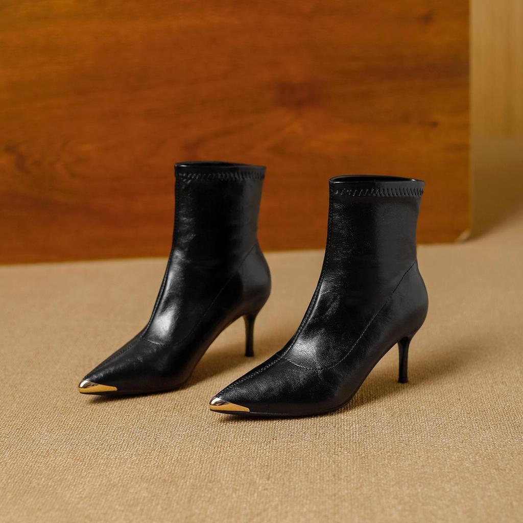 Metallic Pointed Toe Stiletto Ankle Boots - European & American Style 2025, Autumn Nude Slimming Fashion