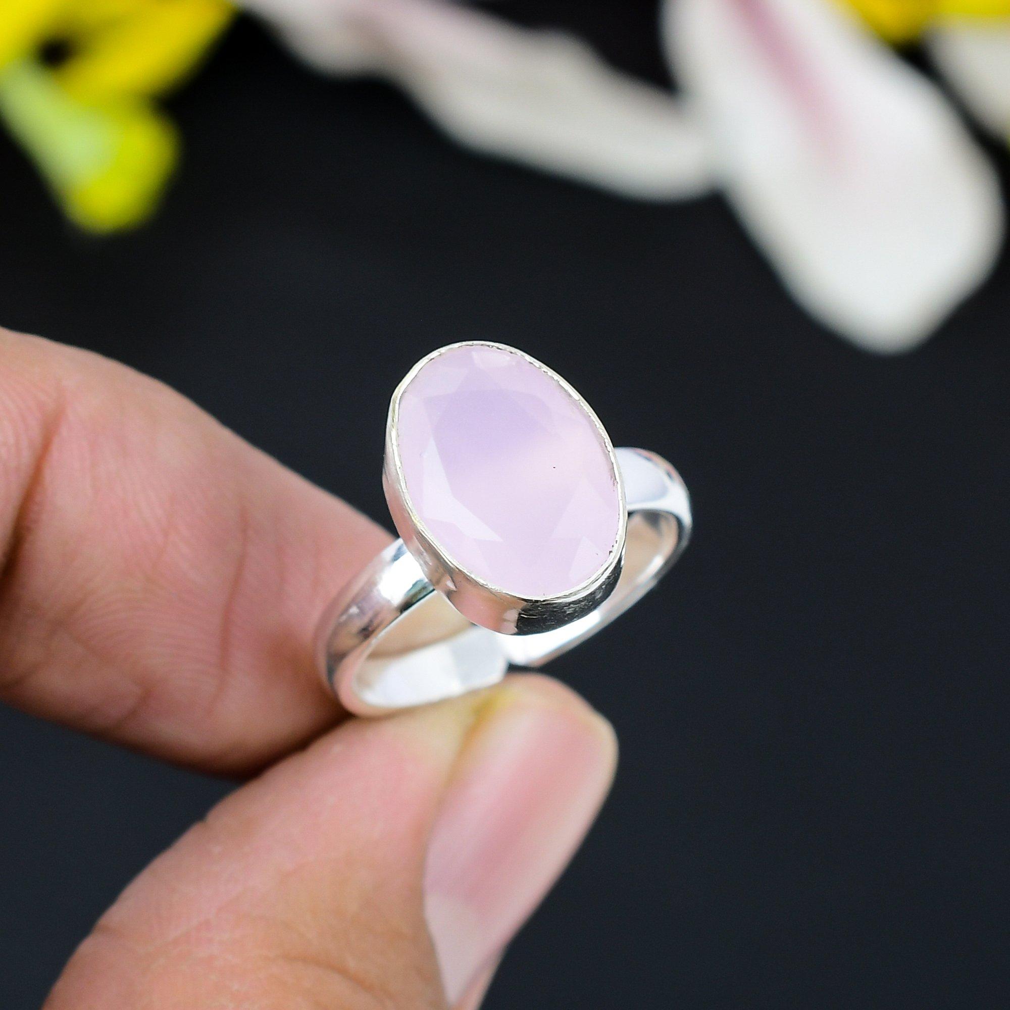 

Рожевий Халцедон Дорогоцінний Камінь Ручна Робота Срібло 925 проби Ювелірна Прикраса Кільце Розмір 7 KG-353