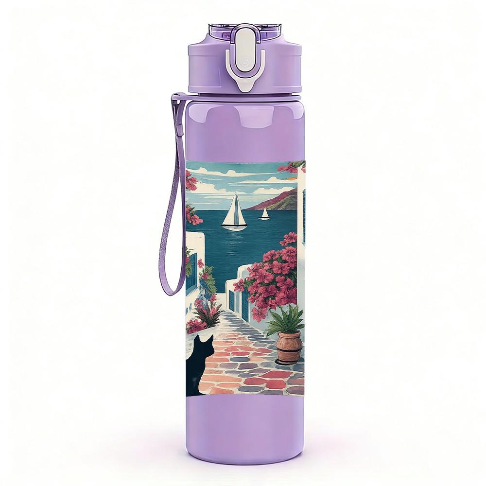 1PC Vintage Window Curtain Pattern 750ml Color Plastic Sports Water Bottle Leakproof Flip Straw Lid Suitable for Sports Office Home Use