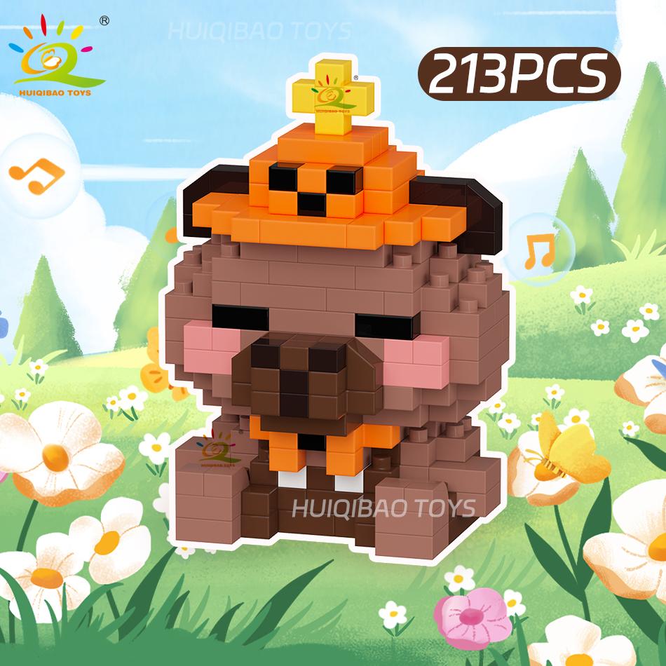 HUIQIBAO MINI Weihnachten Giraffe Capybara Kunst Hut Hund Mikro Baustein Set Stadt Cartoon Tier Diamant Steine Spielzeug Erwachsener