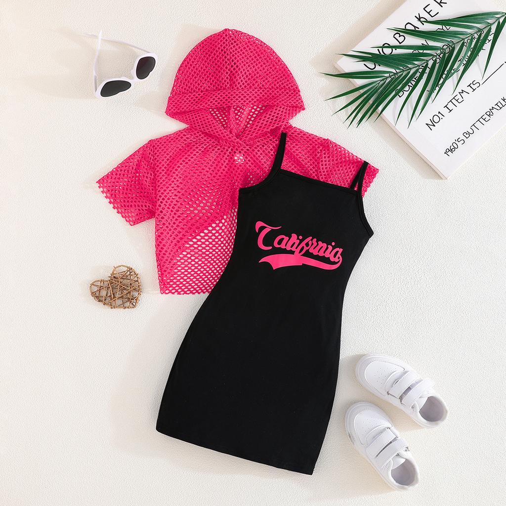 Girls Summer Fashion Set Pink Mesh Hoodie + Black Strap Dress Two Pieces