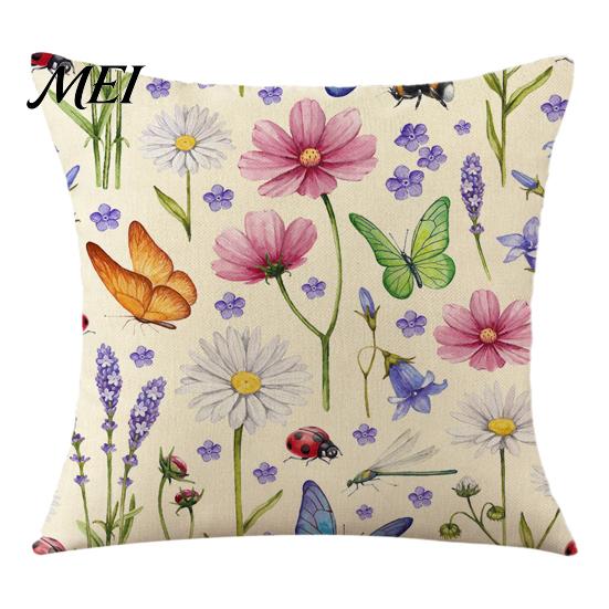 Cotton Linen Pillowcase Floral Cushion Cover, 18x18 Inch Decorative Throw Pillow Cover with Hidden Zipper, Breathable Plant Insect Flower Patterns,