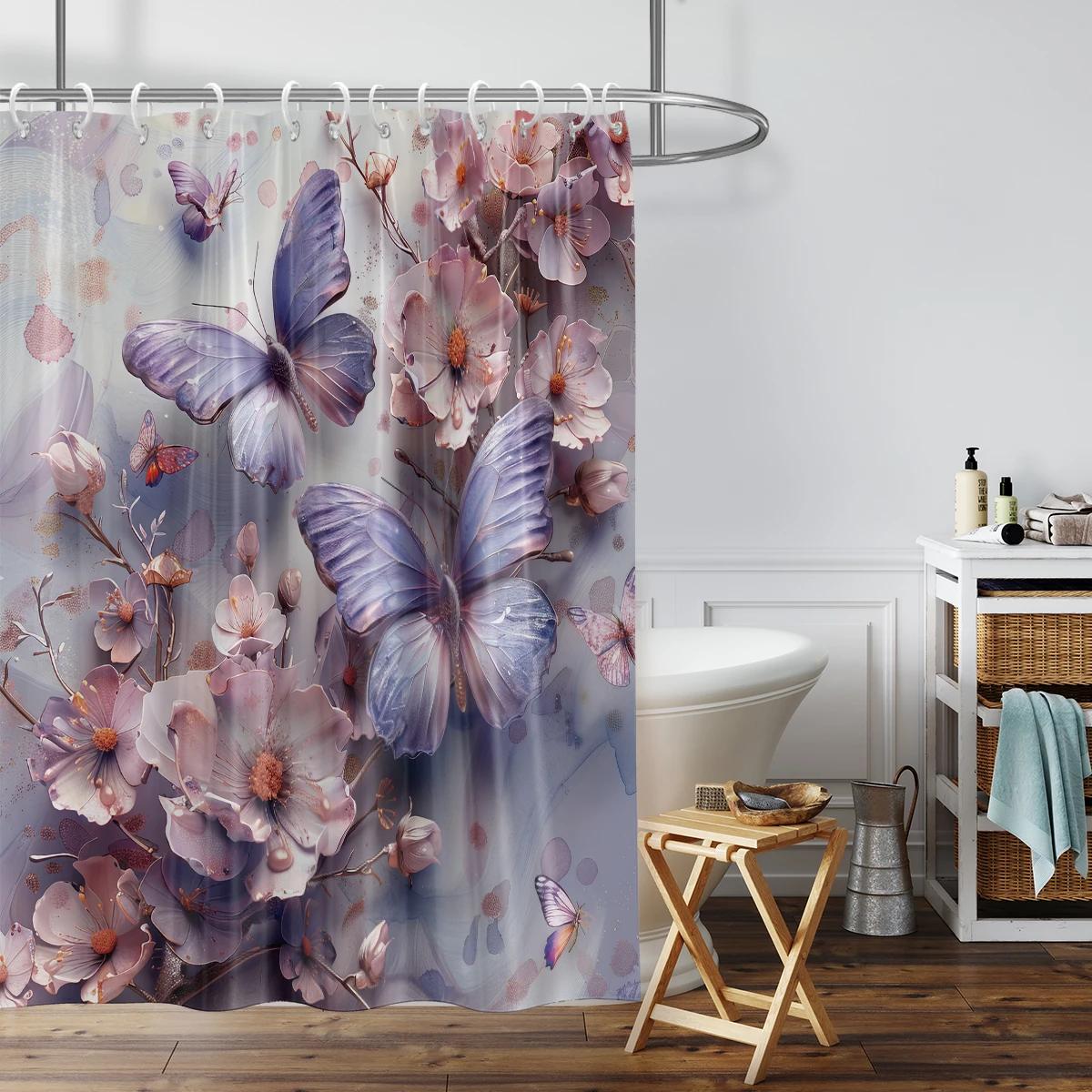 

1Pc Floral And Butterfly Pattern Printed Shower Curtain, Waterproof, With 12 Hooks, For Bathroom Showers, Bathtub, Home Use W60H190(CM)-1 Pcs