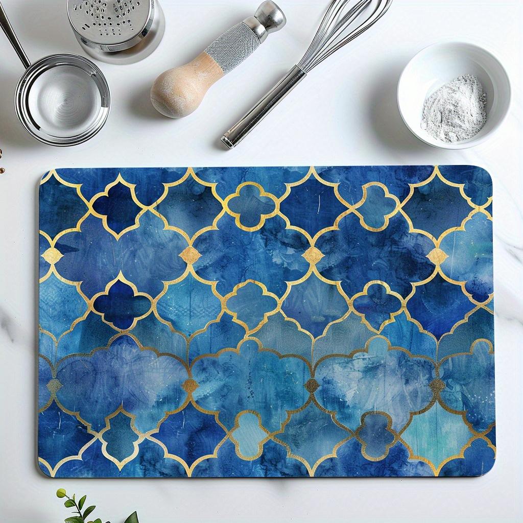 1 ks Gumová sušicí podložka s retro marockým modrým zlatým potiskem pro kavárnu, kuchyňský koberec, prostírání na stůl, odolná diatomová hlinka, podložka na stůl, podložka pro domácí mazlíčky, kávové nádobí
