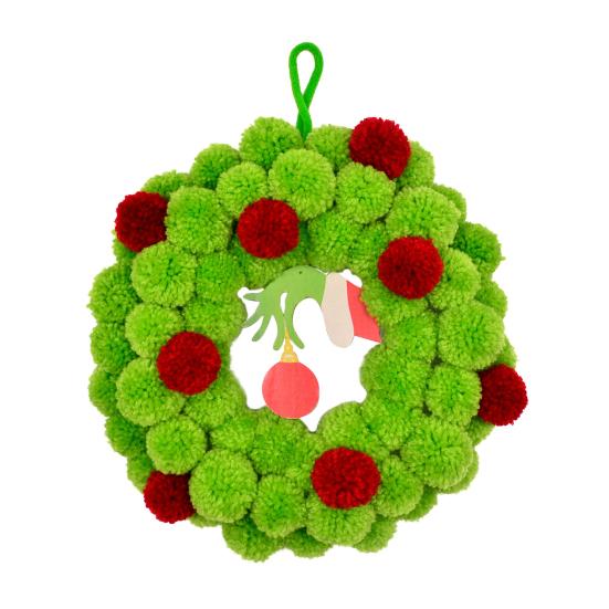 13 Inch Christmas Green Elf Wreath for Front Door Plush Pompom Ball Wreath with Wooden