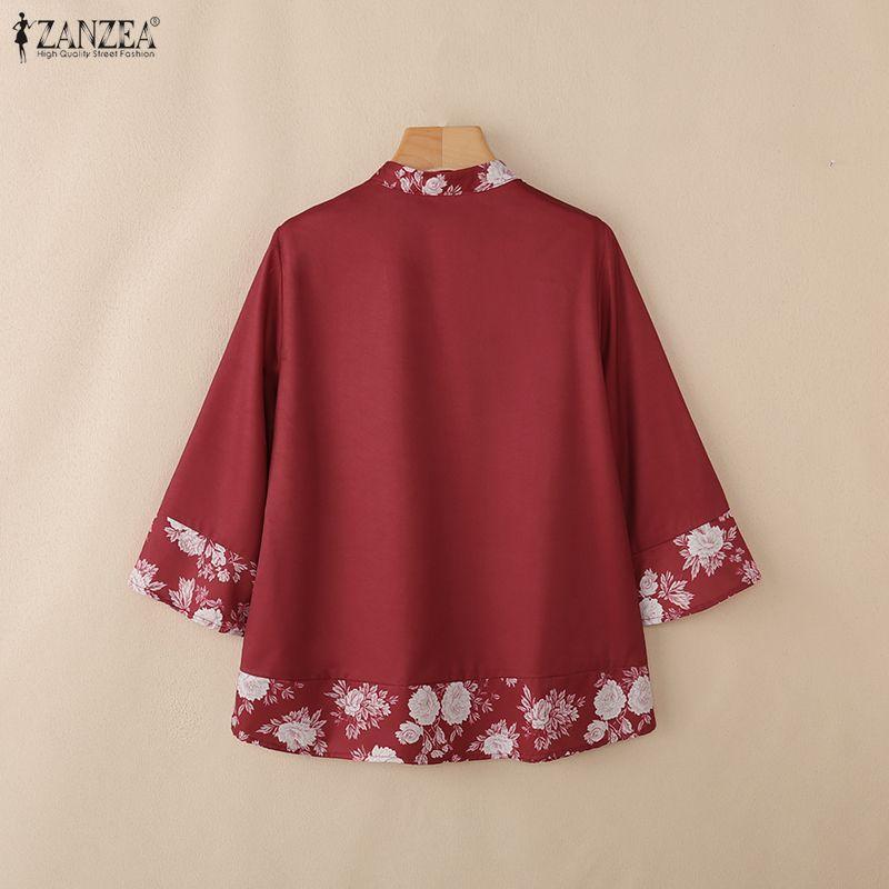 ZANZEA Women Casual Stand Collar Summer Floral Splice 3/4 Sleeve Blouse
