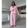 Womens Cotton Blend Casual Two-Piece Set Long Sleeve Button-Up Top With Drawstring Waist Wide Leg Pants