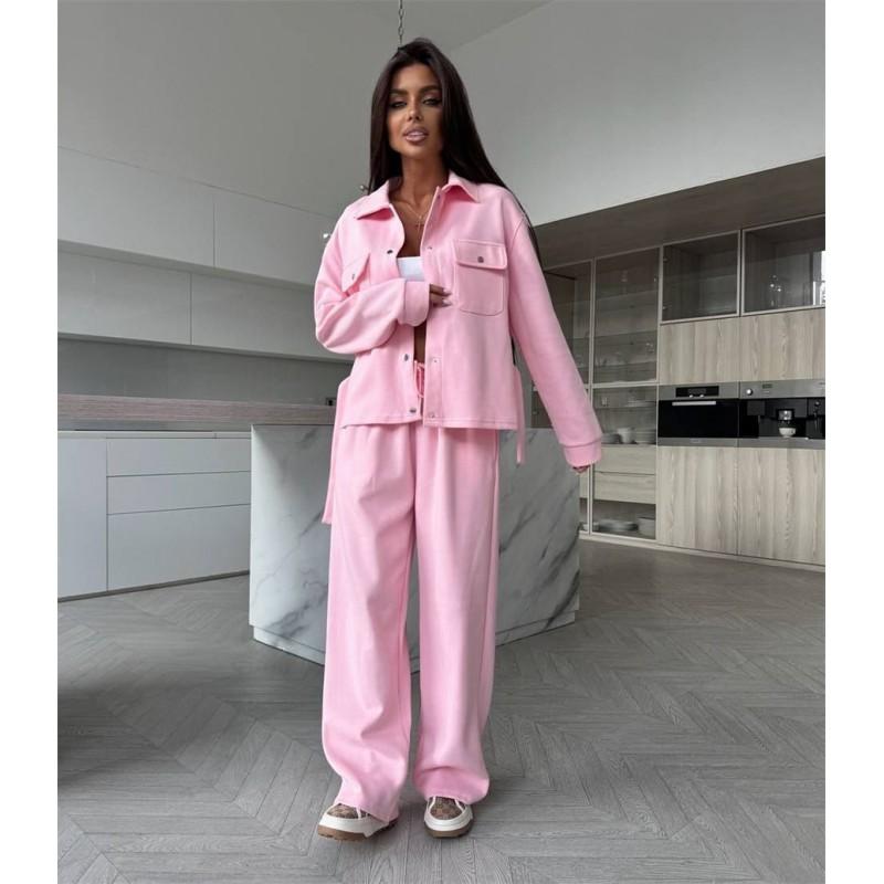 Womens Cotton Blend Casual Two-Piece Set Long Sleeve Button-Up Top With Drawstring Waist Wide Leg Pants