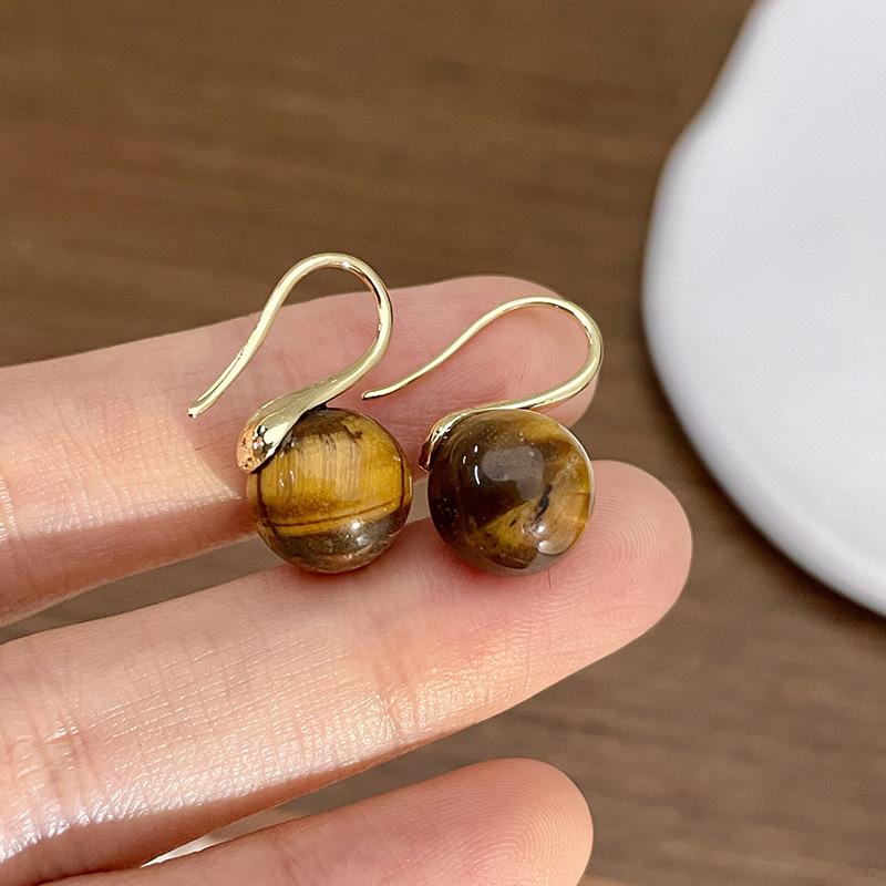 Natural tiger's eye stone series stud earrings for women Maillard exquisite retro earrings niche light luxury high-end temperament earrings
