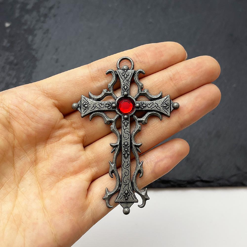 Retro Punk Cross Pendant Necklace – European & American Style, Hollow Inlay Design, Key Personality Sweater Chain Accessory.
