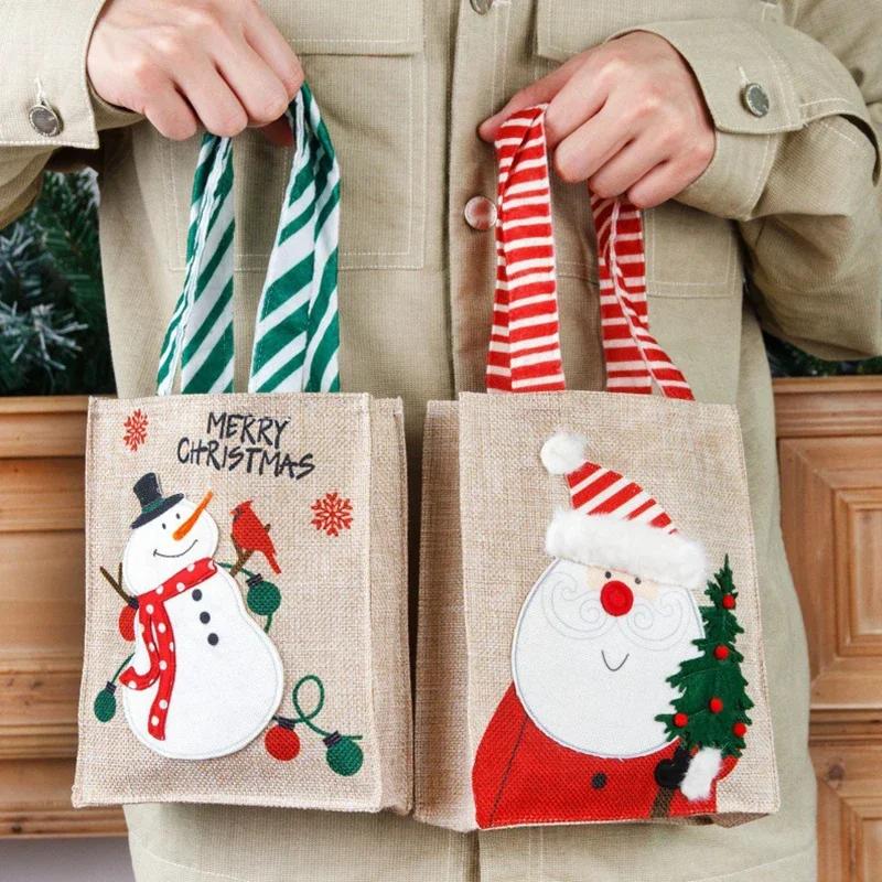 Christmas Candy Apple Pouch Santa Snowman Print Gift Bag Natural Jute Fabric Reusable Holiday Party Favor Storage