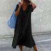 9 Colors Solid Color Cotton Linen Midi Dresses Women Fashion Casual V-neck Short Sleeves Loose Dress Simple Style Lady Dress