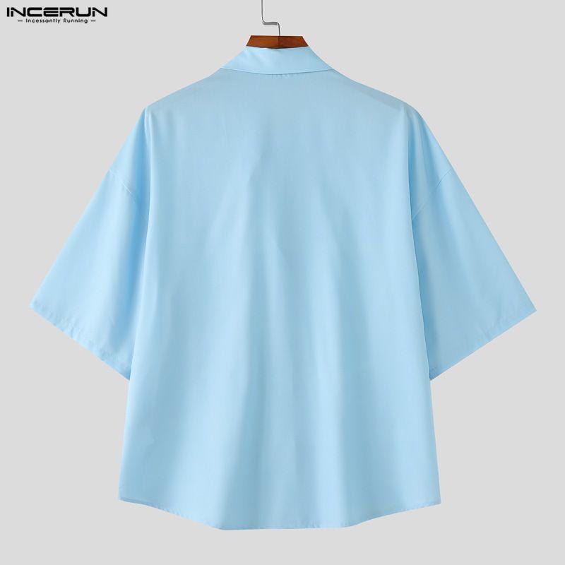 INCERUN Oversized Men Lapel Neck Short Sleeve Side Buttons Up Print Casual Loose Shirts