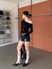 [Keren Cotton Modal] Rivet Slant Shoulder Long Sleeve T-Shirt Women's Slim Bottom Shirt Top Black American